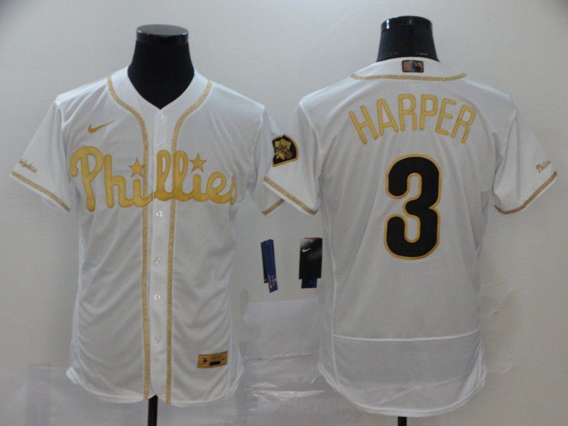 Men Philadelphia Phillies 3 Harper White Retro gold character Nike MLB Jerseys